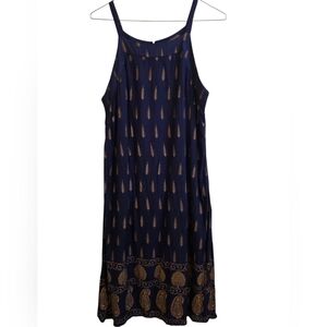 Lapogee Navy & Gold Pattern Bohemian Style Midi Strappy Sundress Size L EUC